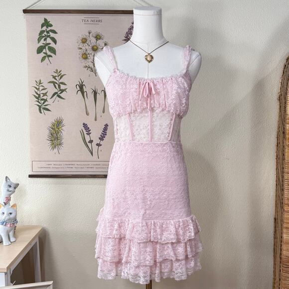 No Tag Dresses & Skirts - Pink Lace Sheer Ruffle Milkmaid Mini Dress Coquette Dolly Kei Fairy Himekaji XS